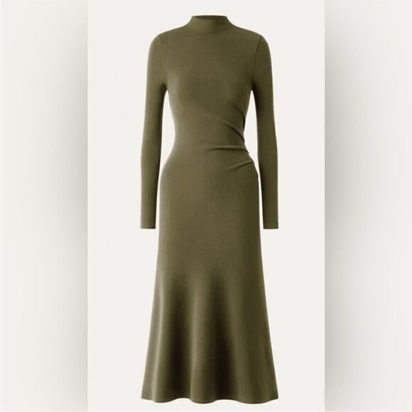 OGL Mid Thermal Heat-Tech Long Sleeves Mockneck Tucks Midi Dress - Fresh Olive - Picture 1 of 10